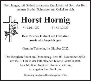 Traueranzeige von Horst Hornig  von Magdeburger Volksstimme