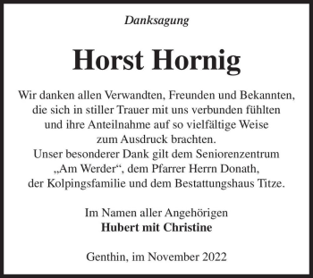 Traueranzeige von Horst Hornig  von Magdeburger Volksstimme