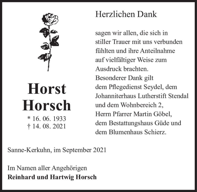  Traueranzeige für Horst Horsch  vom 17.09.2021 aus Magdeburger Volksstimme