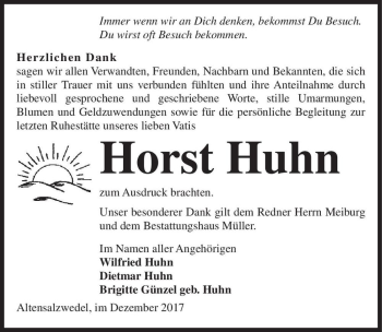 Traueranzeige von Horst Huhn  von Magdeburger Volksstimme