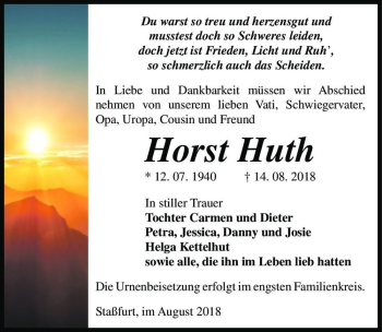 Traueranzeige von Horst Huth  von Magdeburger Volksstimme