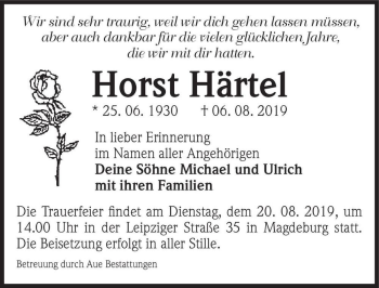 Traueranzeige von Horst Härtel  von Magdeburger Volksstimme