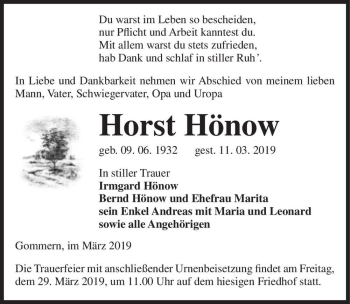 Traueranzeige von Horst Hönow  von Magdeburger Volksstimme