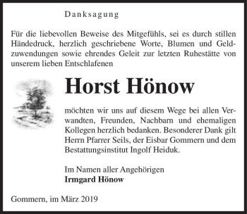 Traueranzeige von Horst Hönow  von Magdeburger Volksstimme