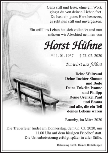 Traueranzeige von Horst Hühne  von Magdeburger Volksstimme