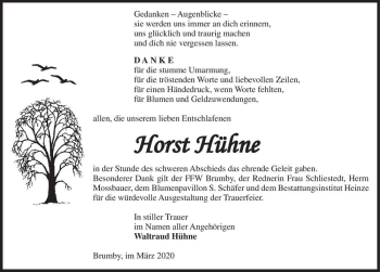 Traueranzeige von Horst Hühne  von Magdeburger Volksstimme