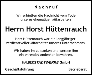 Traueranzeige von Horst Hüttenrauch  von Magdeburger Volksstimme