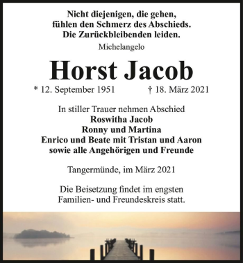 Traueranzeige von Horst Jacob  von Magdeburger Volksstimme