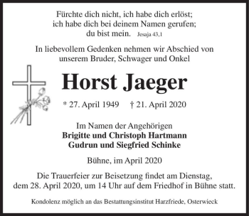 Traueranzeige von Horst Jaeger  von Magdeburger Volksstimme