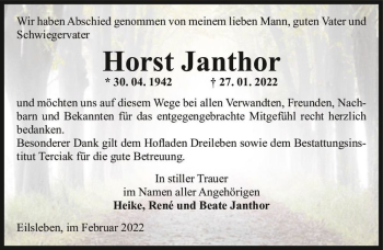 Traueranzeige von Horst Janthor  von Magdeburger Volksstimme