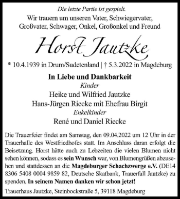 Traueranzeige von Horst Jautzke  von Magdeburger Volksstimme