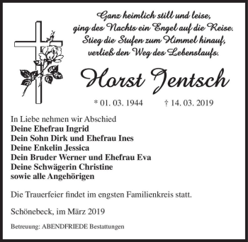 Traueranzeige von Horst Jentsch  von Magdeburger Volksstimme