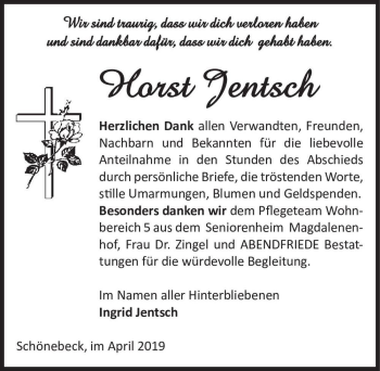 Traueranzeige von Horst Jentsch  von Magdeburger Volksstimme