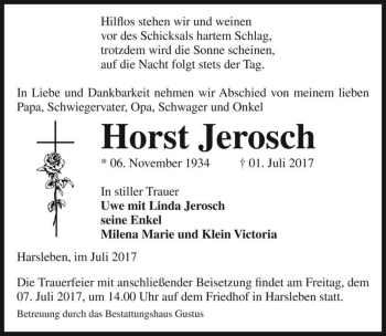 Traueranzeige von Horst Jerosch  von Magdeburger Volksstimme