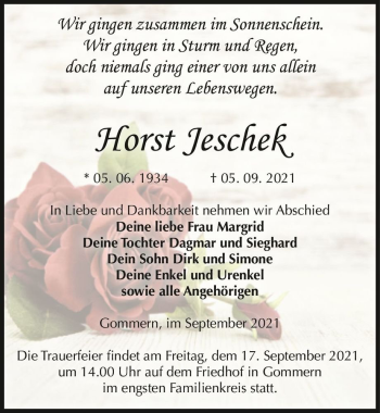 Traueranzeige von Horst Jeschek  von Magdeburger Volksstimme