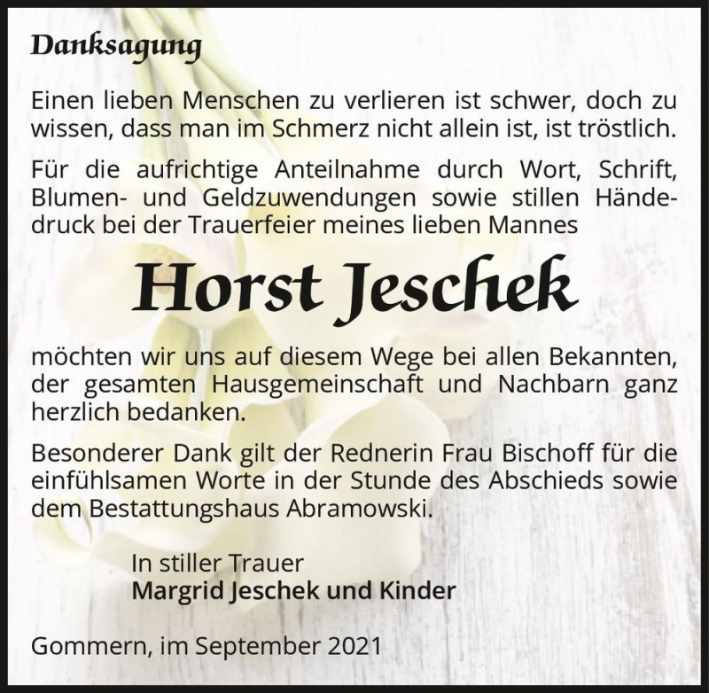  Traueranzeige für Horst Jeschek  vom 02.10.2021 aus Magdeburger Volksstimme
