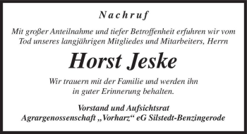 Traueranzeige von Horst Jeske  von Magdeburger Volksstimme