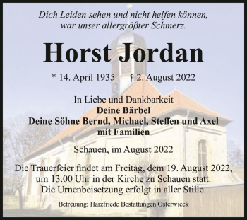 Traueranzeige von Horst Jordan  von Magdeburger Volksstimme