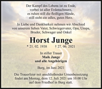 Traueranzeige von Horst Junge  von Magdeburger Volksstimme