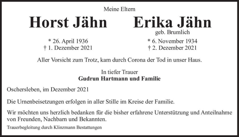  Traueranzeige für Horst Jähn und Erika Jähn (geb. Brumlich)  vom 24.12.2021 aus Magdeburger Volksstimme