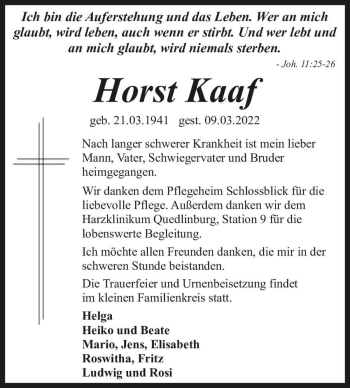 Traueranzeige von Horst Kaaf  von Magdeburger Volksstimme