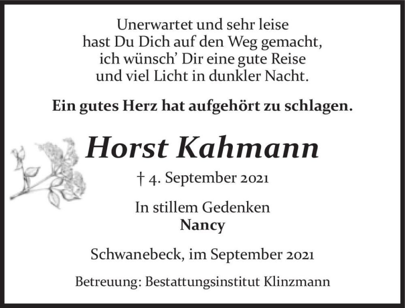  Traueranzeige für Horst Kahmann  vom 18.09.2021 aus Magdeburger Volksstimme