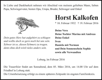 Traueranzeige von Horst Kalkofen  von Magdeburger Volksstimme