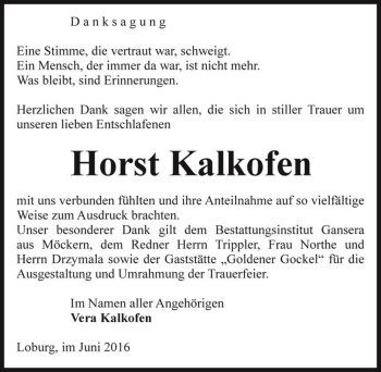 Traueranzeige von Horst Kalkofen  von Magdeburger Volksstimme