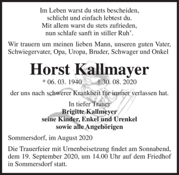 Traueranzeige von Horst Kallmayer  von Magdeburger Volksstimme