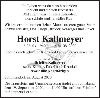 Traueranzeige von Horst Kallmeyer  von Magdeburger Volksstimme