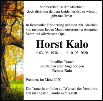 Traueranzeige von Horst Kalo  von Magdeburger Volksstimme