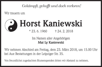 Traueranzeige von Horst Kaniewski  von Magdeburger Volksstimme