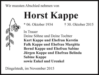 Traueranzeige von Horst Kappe  von Magdeburger Volksstimme