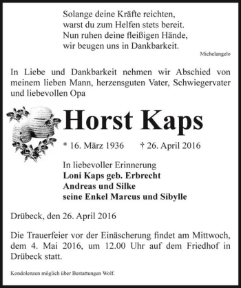 Traueranzeige von Horst Kaps  von Magdeburger Volksstimme
