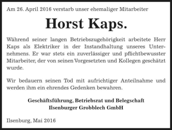 Traueranzeige von Horst Kaps  von Magdeburger Volksstimme