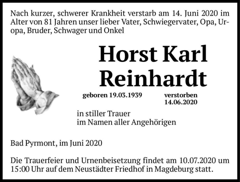  Traueranzeige für Horst Karl Reinhardt  vom 20.06.2020 aus Magdeburger Volksstimme
