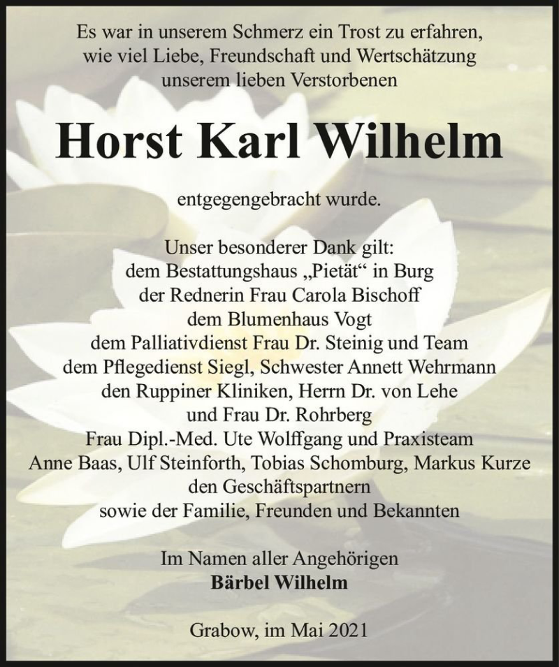  Traueranzeige für Horst Karl Wilhelm  vom 15.05.2021 aus Magdeburger Volksstimme