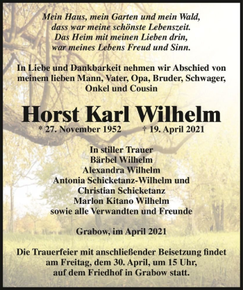 Traueranzeige von Horst Karl Wilhelm  von Magdeburger Volksstimme