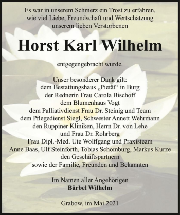 Traueranzeige von Horst Karl Wilhelm  von Magdeburger Volksstimme