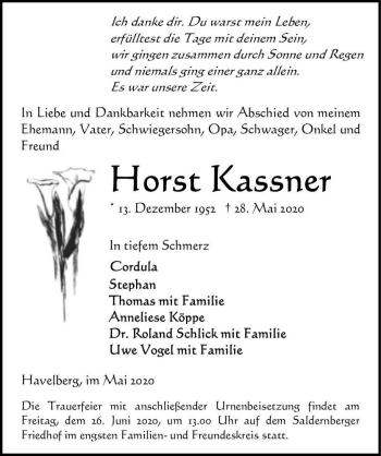 Traueranzeige von Horst Kassner  von Magdeburger Volksstimme