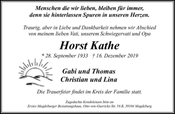 Traueranzeige von Horst Kathe  von Magdeburger Volksstimme