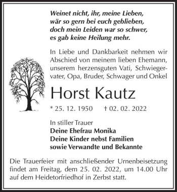 Traueranzeige von Horst Kautz  von Magdeburger Volksstimme