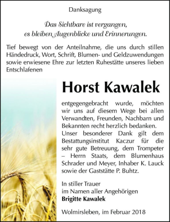 Traueranzeige von Horst Kawalek  von Magdeburger Volksstimme