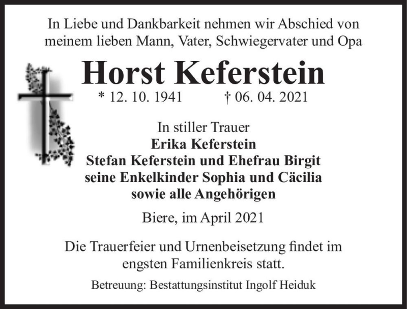  Traueranzeige für Horst Keferstein  vom 10.04.2021 aus Magdeburger Volksstimme