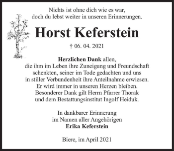 Traueranzeige von Horst Keferstein  von Magdeburger Volksstimme