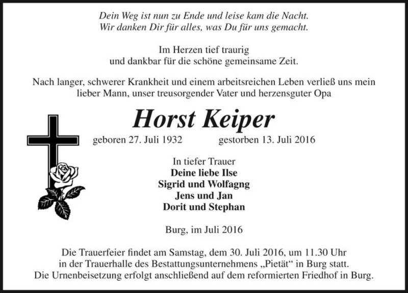  Traueranzeige für Horst Keiper  vom 23.07.2016 aus Magdeburger Volksstimme