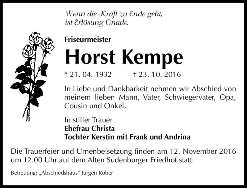  Traueranzeige für Horst Kempe  vom 05.11.2016 aus Magdeburger Volksstimme
