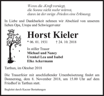 Traueranzeige von Horst Kieler  von Magdeburger Volksstimme