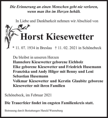 Traueranzeige von Horst Kiesewetter  von Magdeburger Volksstimme