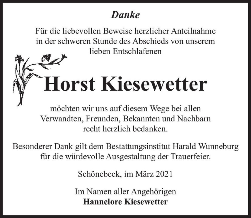  Traueranzeige für Horst Kiesewetter  vom 20.03.2021 aus Magdeburger Volksstimme